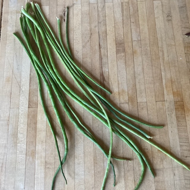 Plusieurs haricots Dolique Asperge Liana de Tourne-Sol, longs et fins, sont étalés sur une surface en bois. Ces haricots verts biologiques ont une forme légèrement ondulée et des longueurs variables.