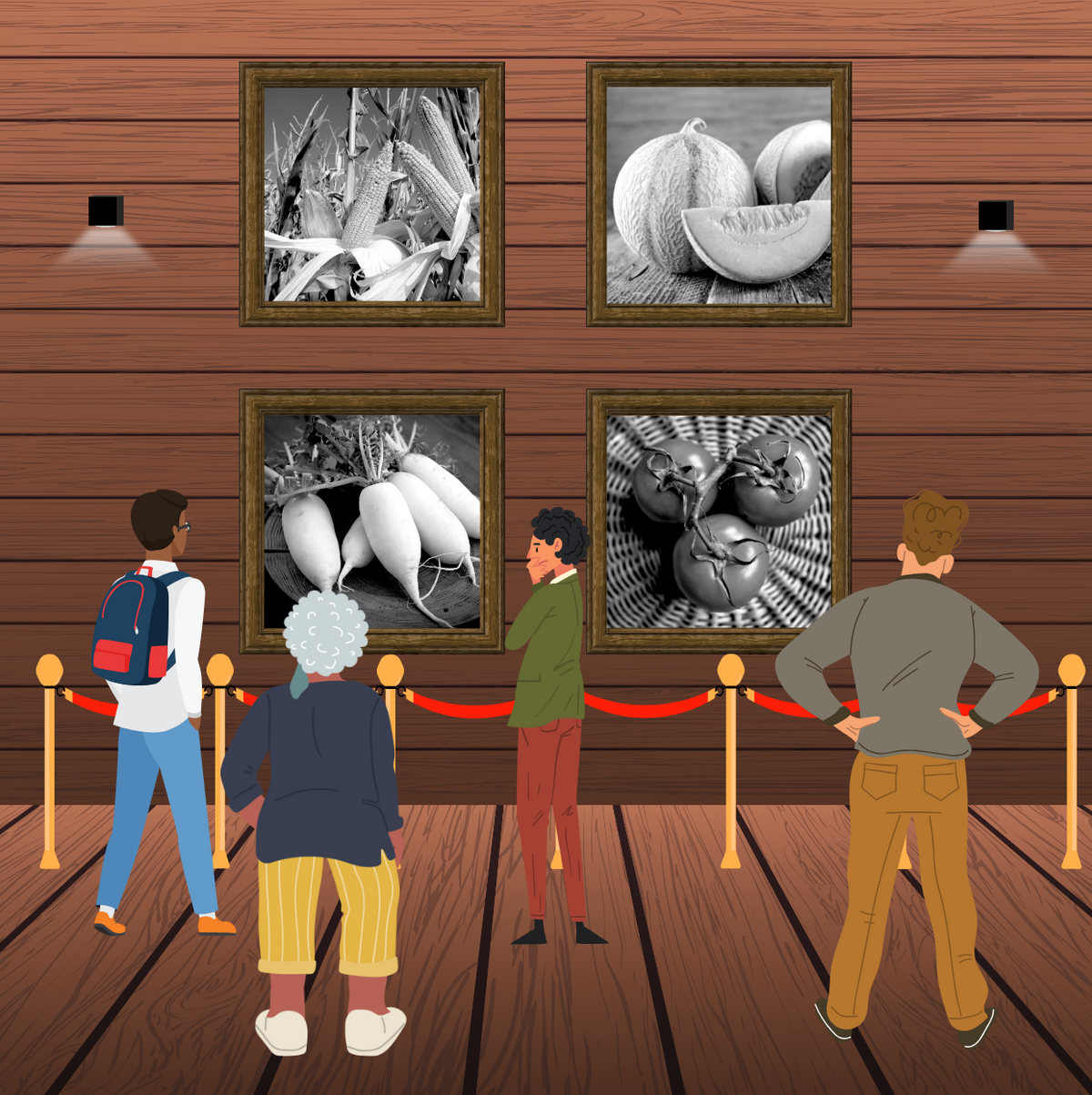 Un groupe de personnes admire quatre photographies de légumes en noir et blanc encadrées, exposées sur un mur en bois dans une galerie d&#39;art. Les photos mettent en vedette le Melon Oka, la Carotte Rouge Chantenay, les radis et la Tomate Andine Cornue de la Collection Du patrimoine 67,35$ de Tourne-Sol. Des cordes de velours rouge et de petites lampes rehaussent le décor de la galerie.