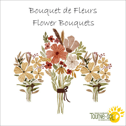 Un délicat dessin au trait noir et blanc représentant une fleur est centré dans une couronne florale circulaire. Autour de la couronne, des fleurs aquarelles colorées, notamment des tournesols et des coquelicots, remplissent l'arrière-plan, créant une scène de jardin fantaisiste et vibrante sur un fond vert pastel. Cette belle image fait partie de la Collection Bouquet de fleurs de Tourne-Sol - 44.90$.