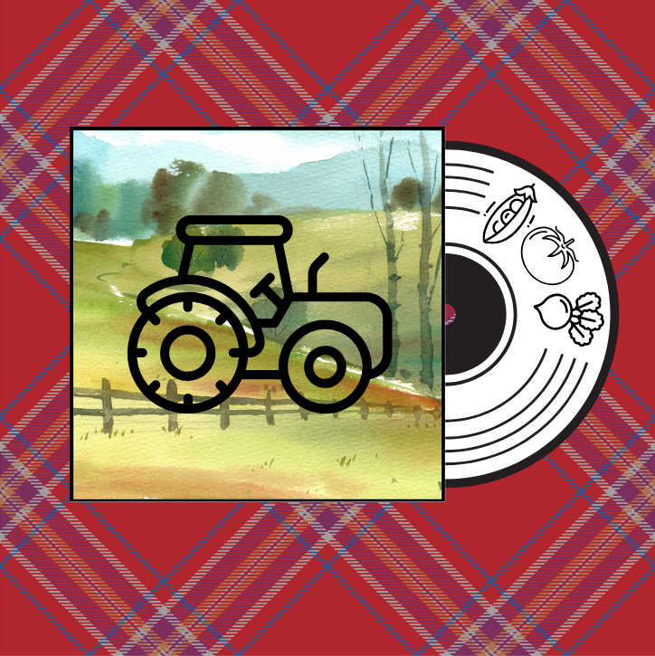 Illustration numérique d'un tracteur sur un paysage rural avec des champs et des arbres. La scène est encadrée, posée sur un fond tartan rouge. À droite se trouve le disque vinyle de la Collection Grands classiques du potager de Tourne-Sol - 44,90$ avec des dessins de produits de la ferme comme la Carotte Scarlet Nantes, l'Aubergine Black Beauty et la Tomate Rouge Cerise Peacevine sur l'étiquette.