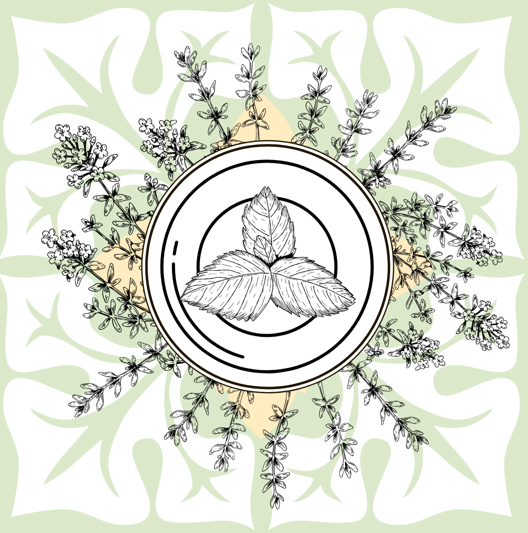 Illustration représentant une assiette centrale avec un trio de feuilles de menthe, entourées d'un motif circulaire d'herbes fleuries comme le thym et le basilic, le tout sur fond de feuilles vertes stylisées et d'accents beige clair, mettant en valeur la Collection Fines herbes - 35,92$ par Tourne- Sol.