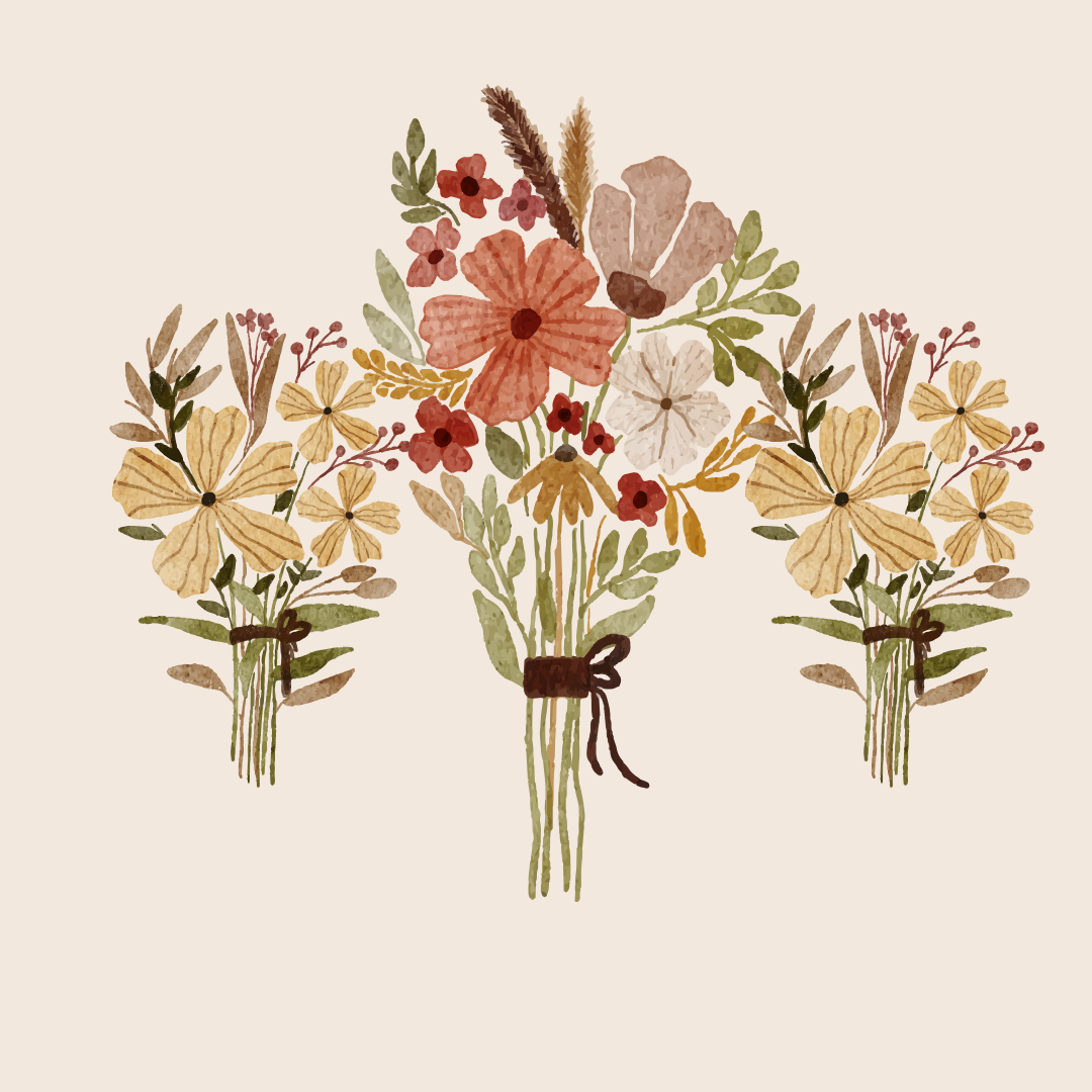 Illustration de trois bouquets de la *Collection - Fleurs Coupées de Tourne-Sol, mettant en vedette diverses fleurs sauvages et feuillages dans des tons terreux. Composé d&#39;éléments focaux en rouge, orange et jaune, le tout attaché avec un ruban noir sur un fond beige clair.