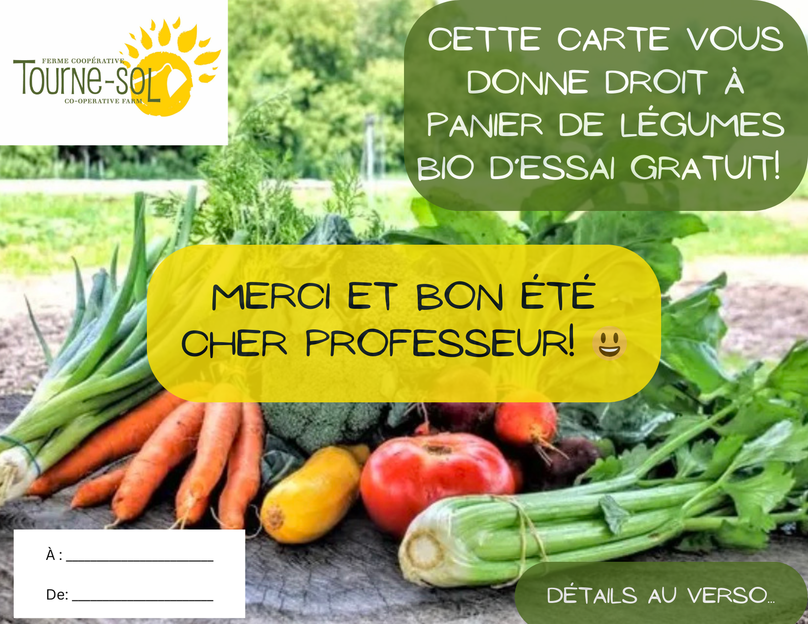 Une carte cadeau "Panier bio d'essai - Cadeau professeur - FR" de Tourne-Sol montre des légumes bios frais. Elle remercie un professeur et offre un essai gratuit, avec champs vides pour destinataire, expéditeur et points de livraison.